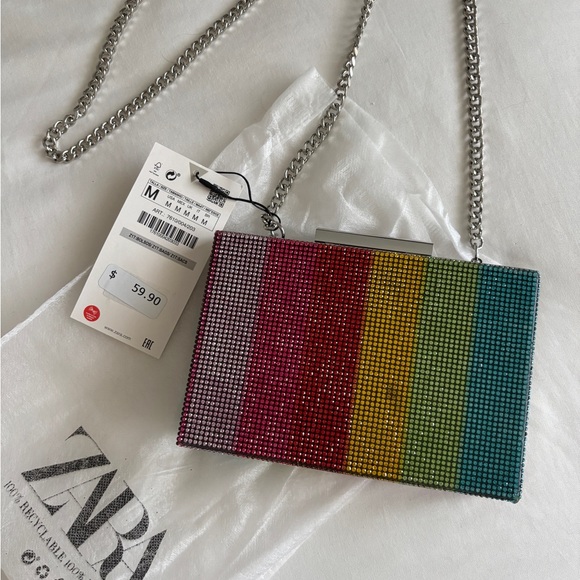 NWT Zara Rainbow Embellished Rhinestone Crossbody Clutch Evening Rare - Picture 2 of 9